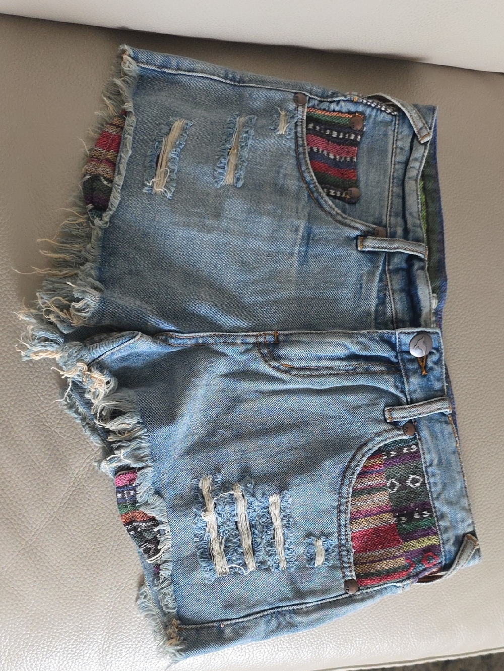 Free People Light Blue Distressed Denim Shorts with Colorful Pocket Insets